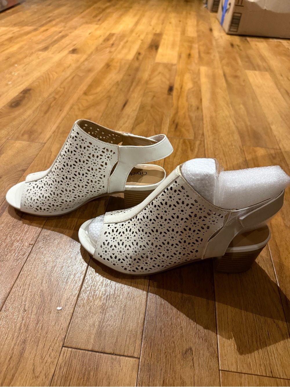 Cityclassified White Laser-Cut Peep-Toe Slingback Block Heels